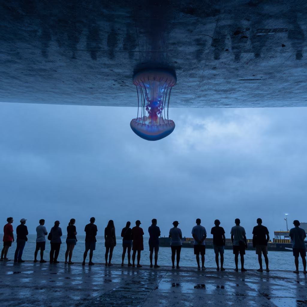 Upside-Down Man-o-War Reflected in Water Ceiling in at a harbor edge in Cúcuta