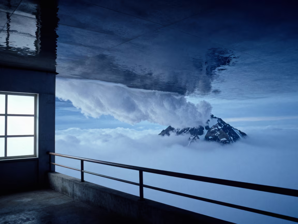 Upside Down Mountain Banner Cloud Reflection in on a pier railing in Almaty