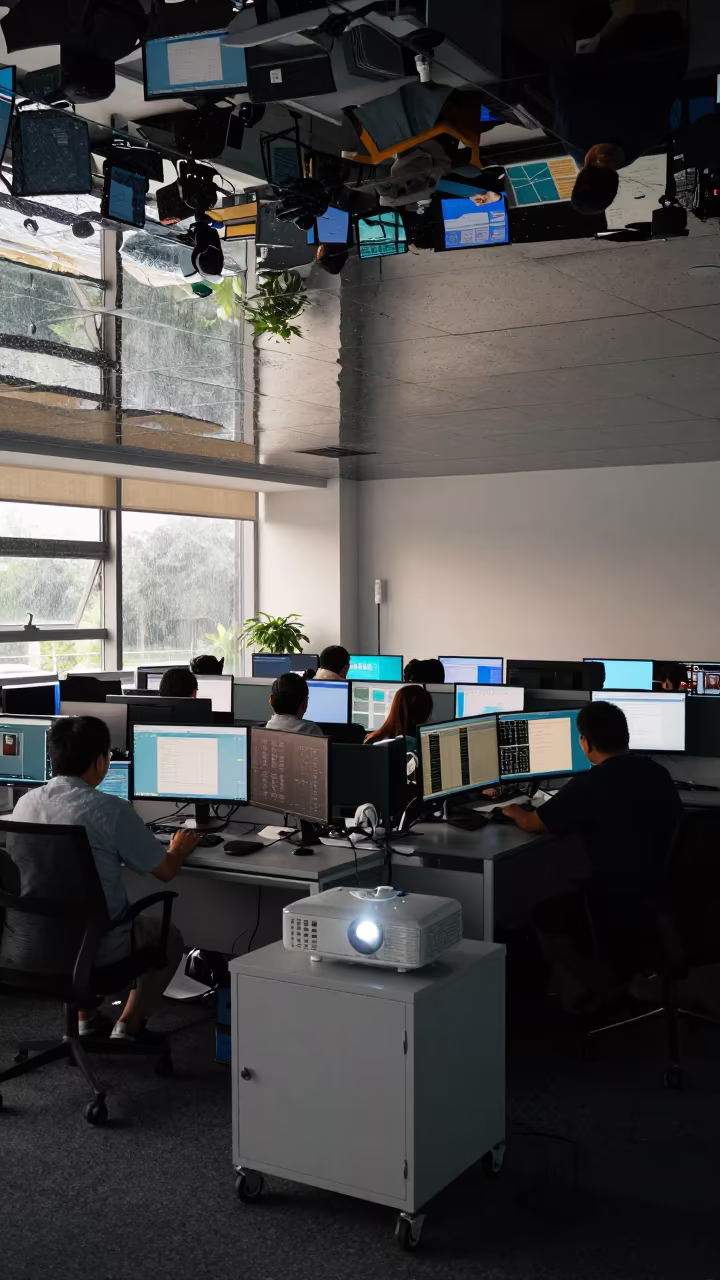 Upside Down Office Reflections in Rain Ceiling in in an operations center under monitor glow near Puebla