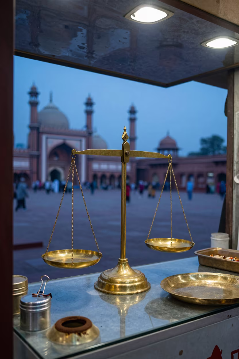 Upside-Down Reflection of Binder Clip Tin in inside a jeweler's stall with brass scales and trays in Jama Masjid, Delhi