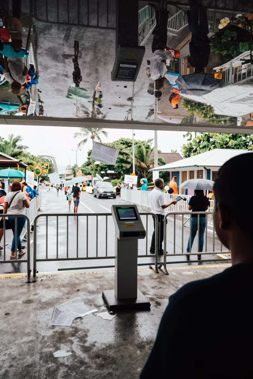 Upside Down Reflection of Dock in Monsoon Seychelles in along barricaded protest routes in Victoria Seychelles