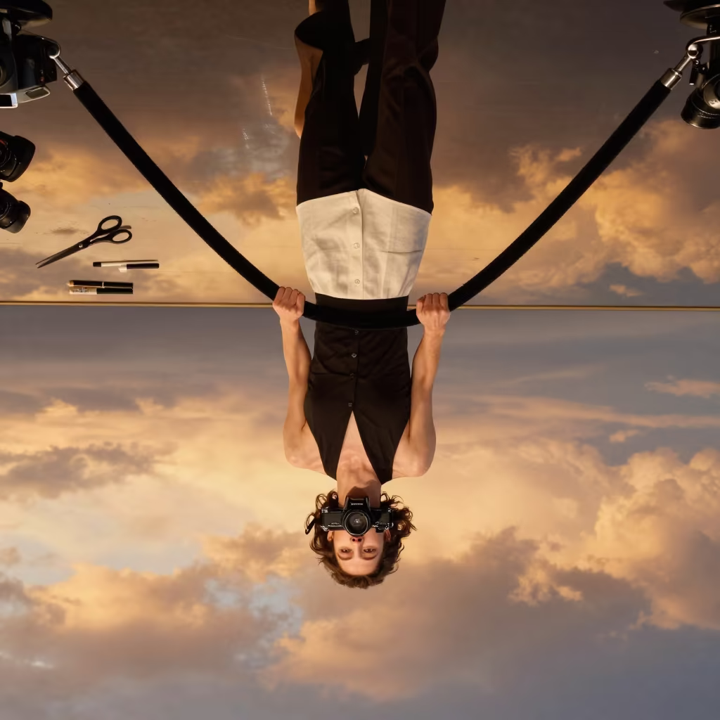 Upside-Down Reflection of Fashion Week Rope in Bata Water Ceiling in at a tailoring table strewn with chalk and shears in Bata