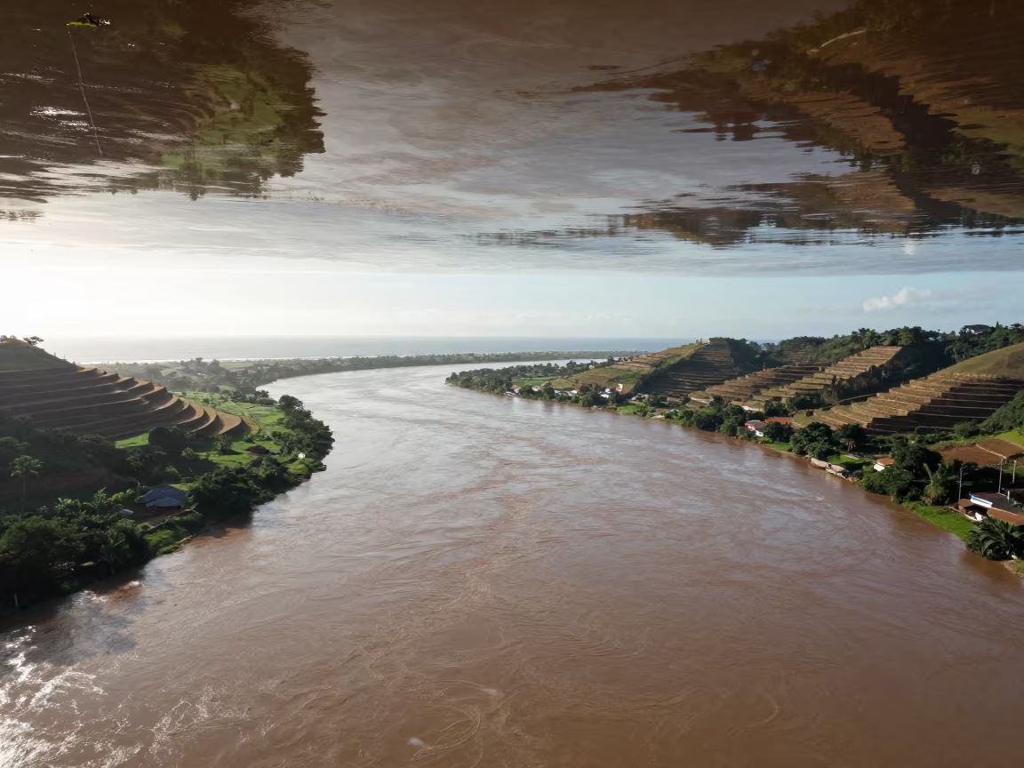 Upside Down River Ocean Reflection in far above terraced hillsides near Salvador