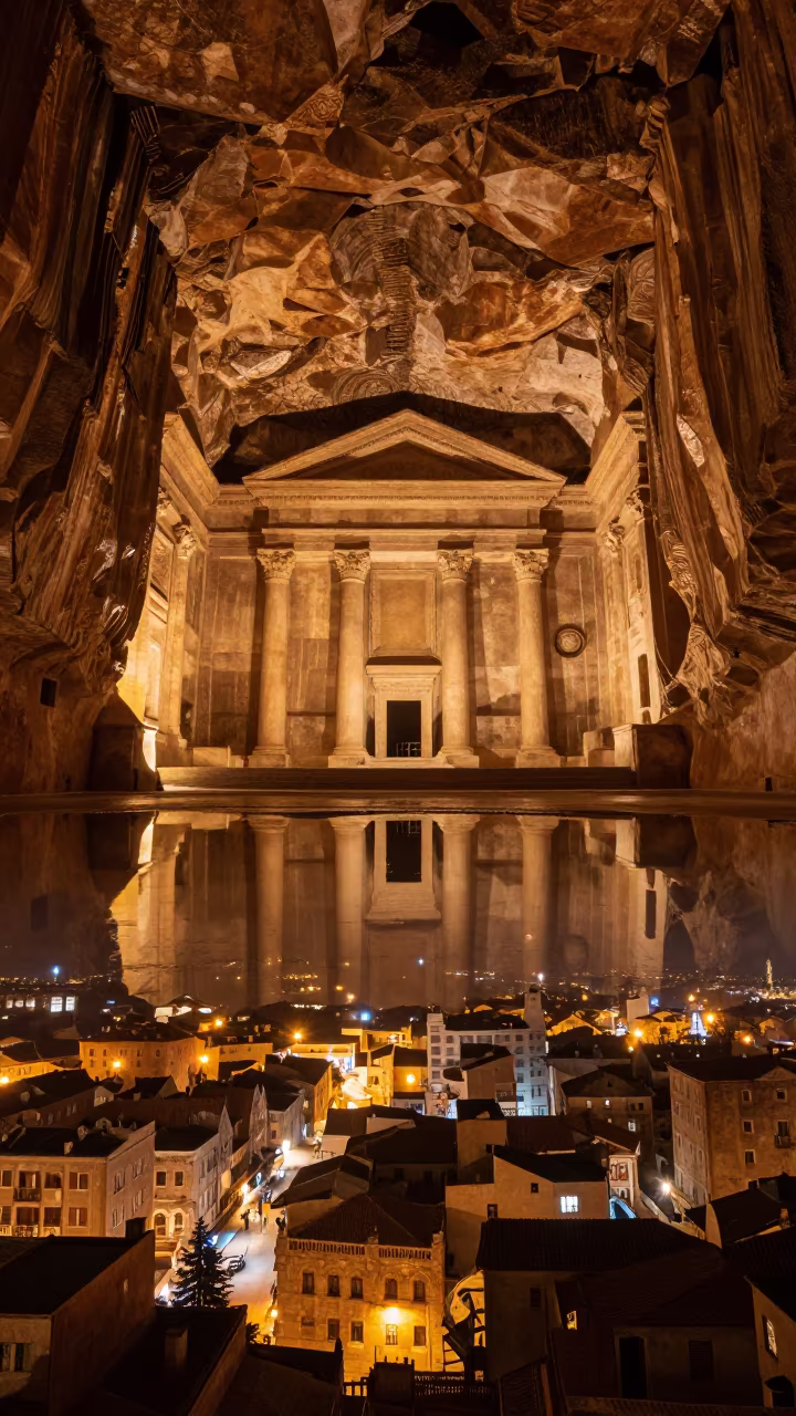 Upside Down Rock Church Reflected in Water Ceiling in in a ceremonial hall in Ravenna