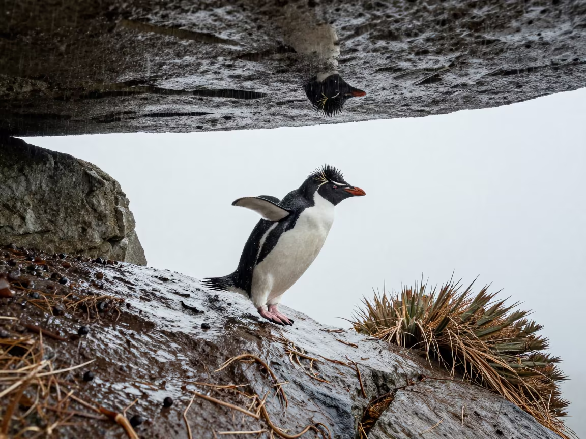 Upside Down Rockhopper Penguin Leap Over Rainy Goa in on a wind-scoured ridge in Goa
