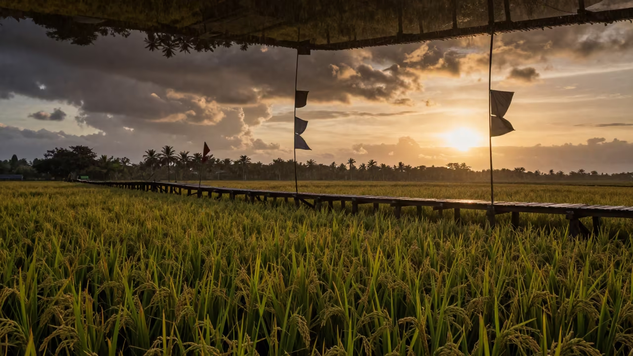 Upside Down Sky Over Dominican Rice Paddy in across a harvested grain field in Dominican Republic