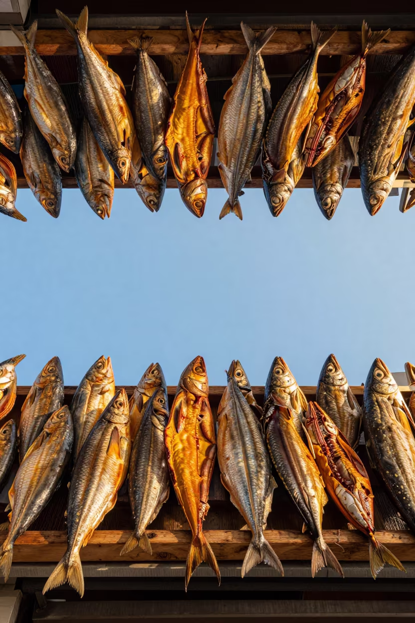 Upside Down Smoked Fish Market Reflection in at a fish market counter near Osaka