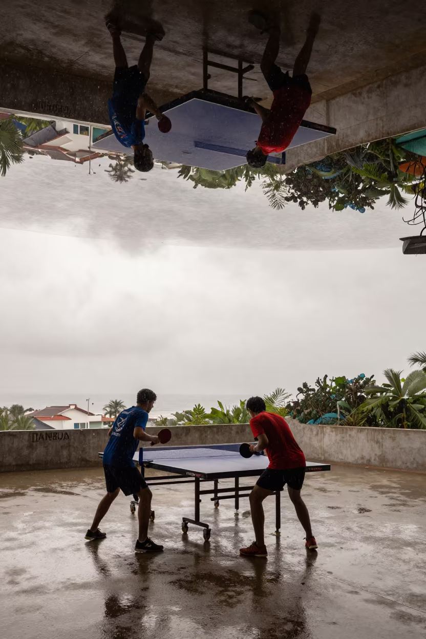 Upside-Down Table Tennis in Rainy Cancun Lane in in a village lane near Cancun