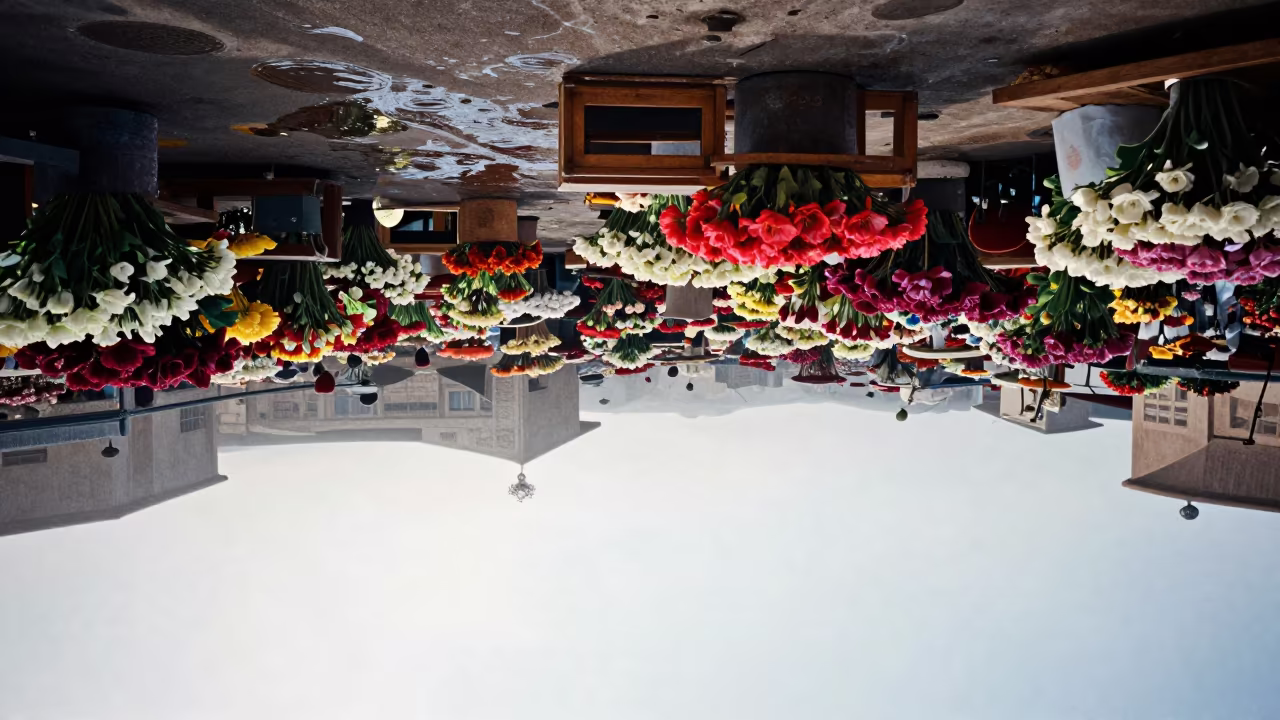 Upside-Down Water Ceiling Flower Market Abu Kabir in in a flea market lane in Abu Kabir