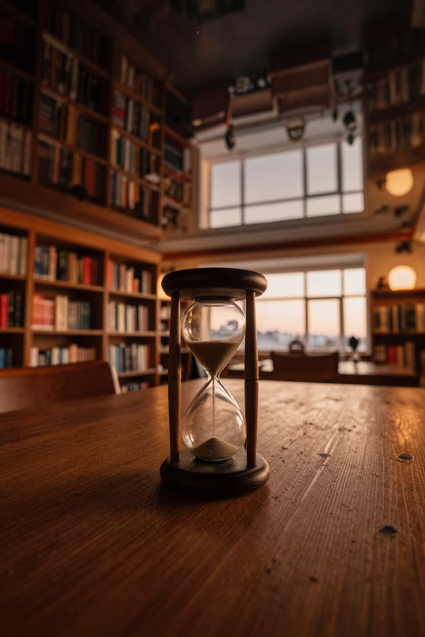 Upside-Down Water Ceiling Reflects Hourglass in on a dusty library table in Wroclaw
