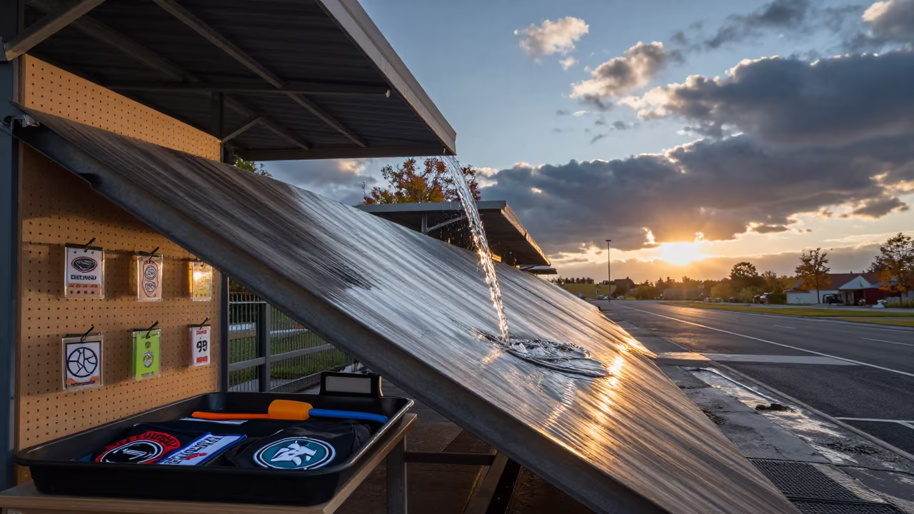 Upside Down Water Flowing Retail Tray in beneath a shop awning at blue hour in Terni