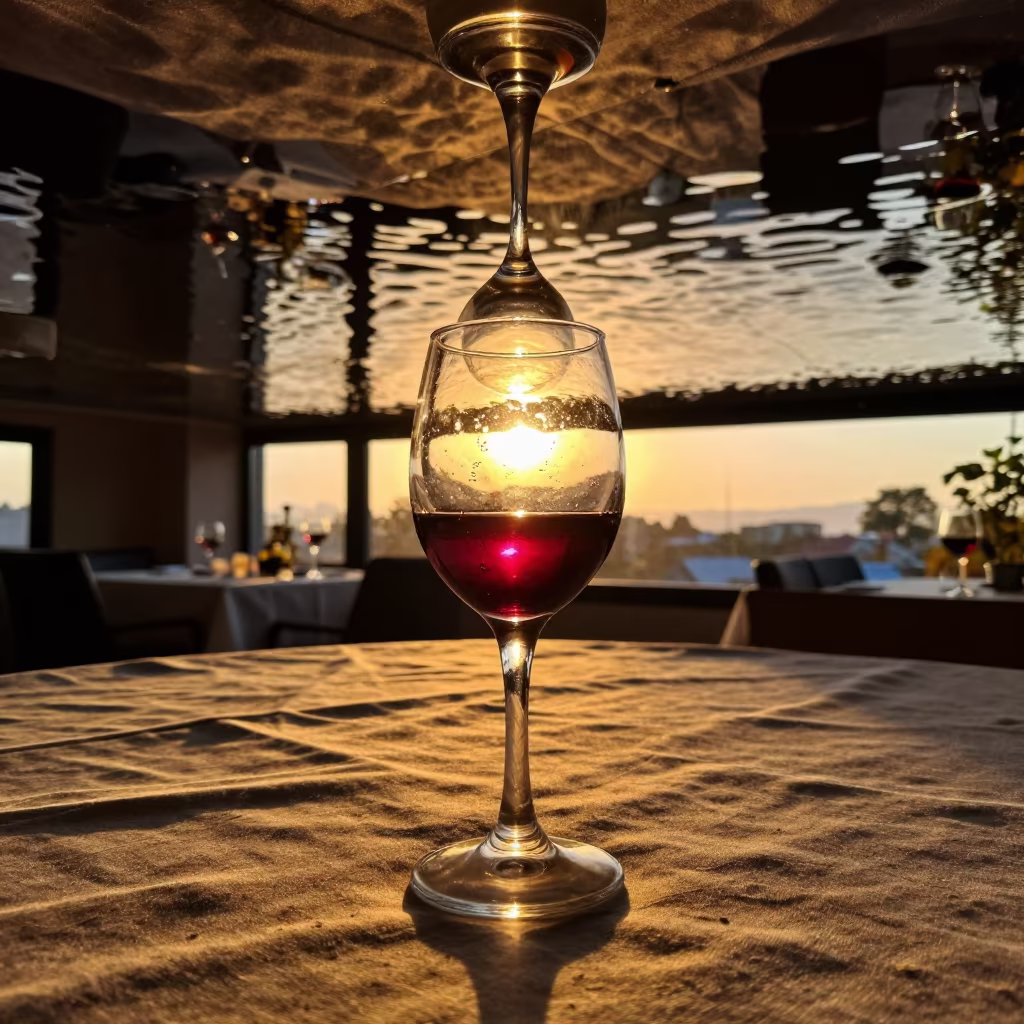 Upside Down Wine Reflection on Water Ceiling Jammu in on a linen-covered restaurant table in Jammu