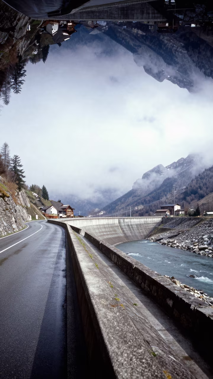 Upside-Down Zermatt Levee Road Reflection in along a dam spillway in Zermatt