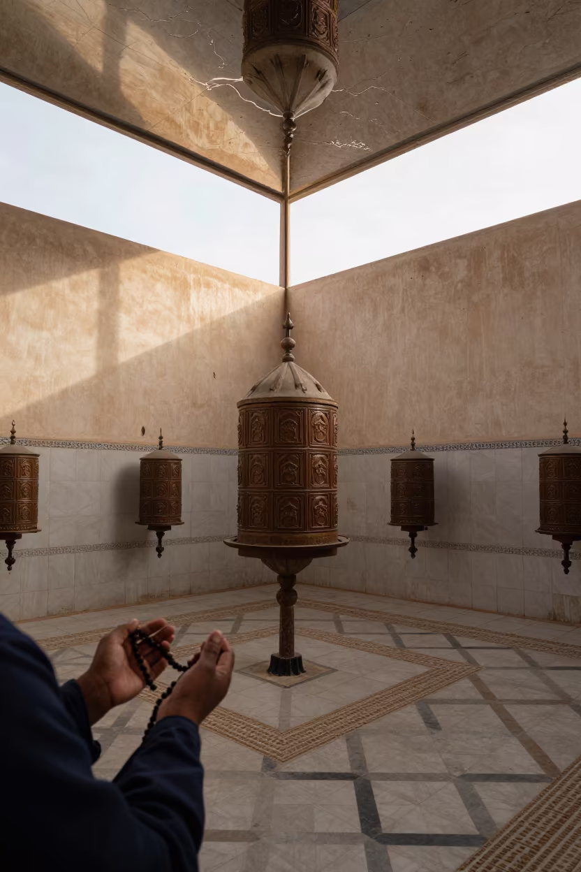 Upside Water Ceiling Mosque Reflection in beside a prayer wheel corridor in Nouakchott