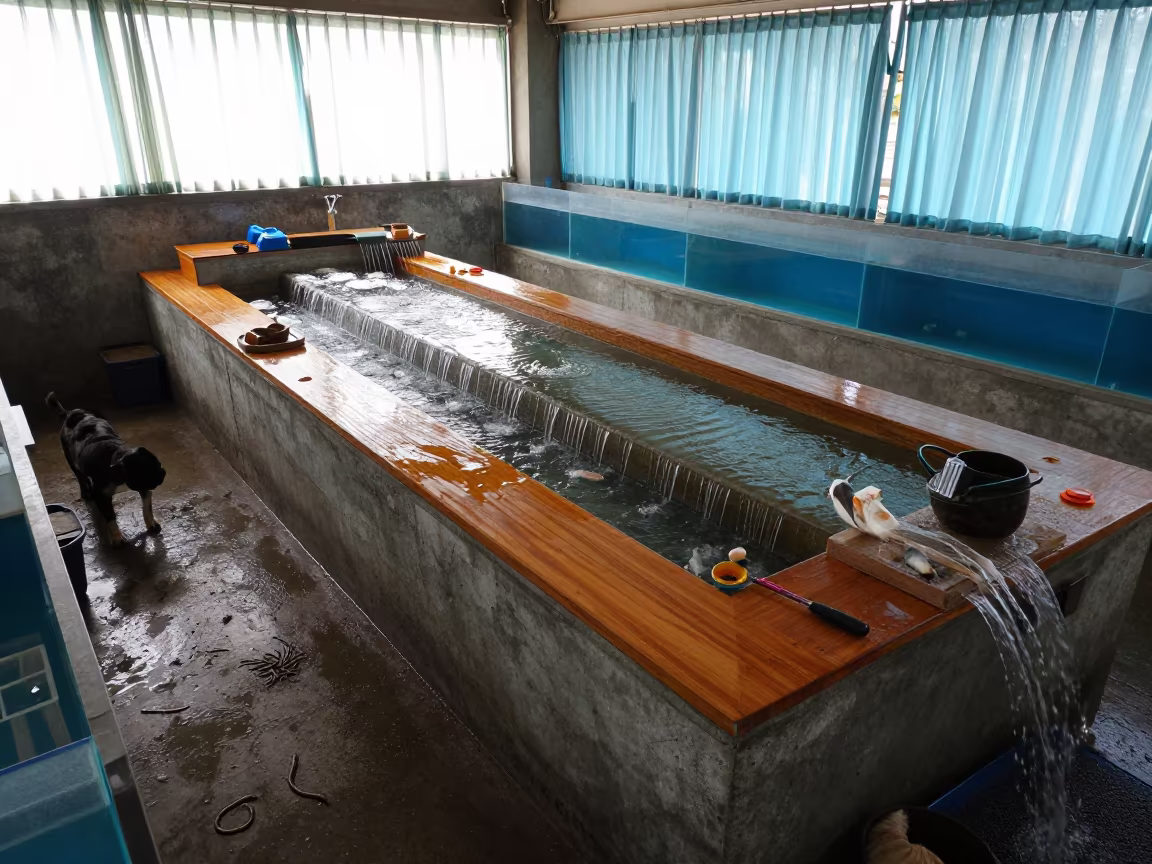Upside Water Flow in Chennai Pet Bakery Morning in inside a fish bagging counter zone in Chennai