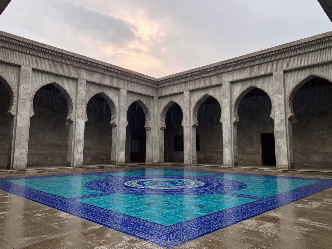 Upward Rain in Ashgabat Concrete Lobby in inside a ribbed concrete lobby in Ashgabat