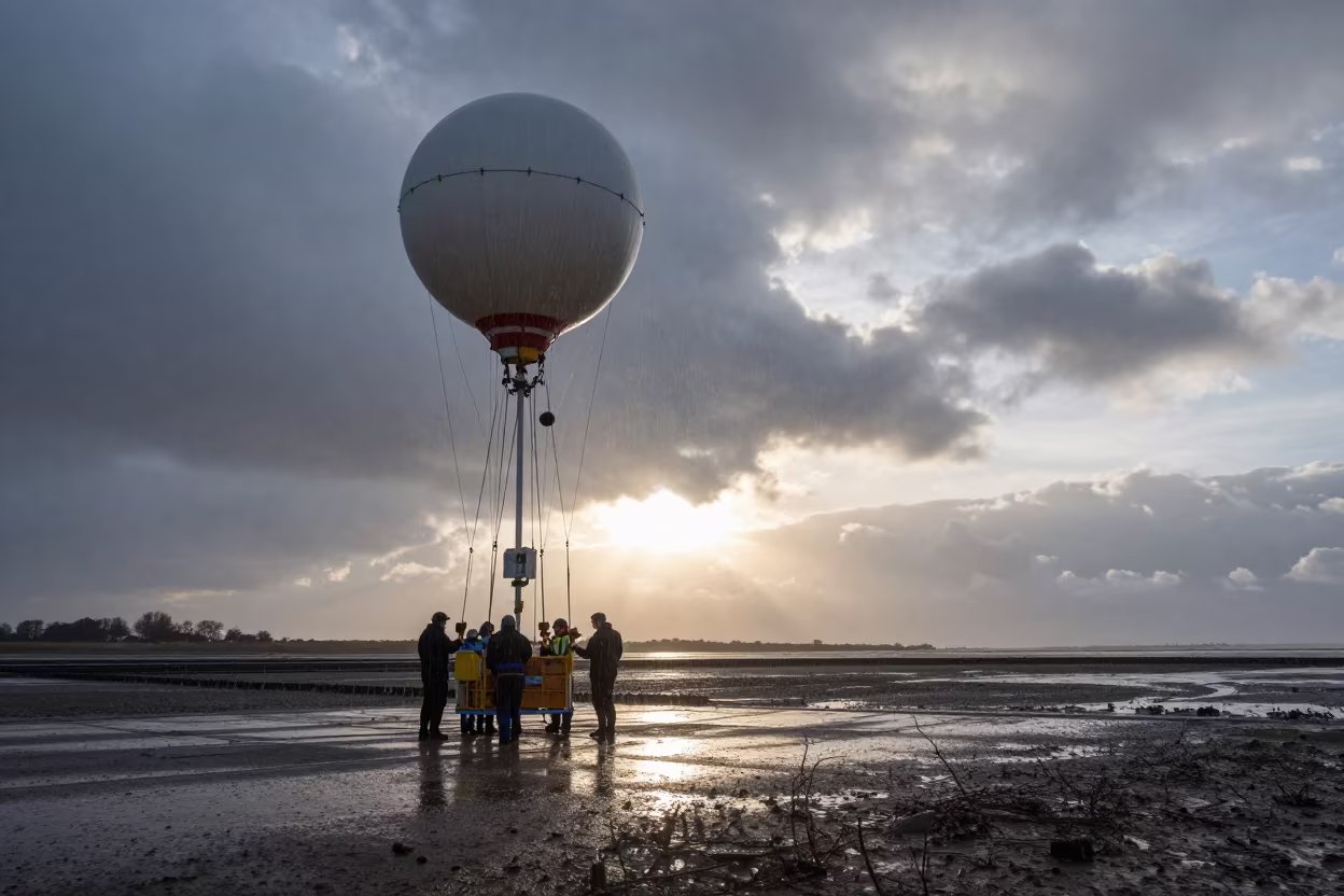 Upward Rain Balloon Launch at Dawn in beside a tidal survey transect in Ipswich