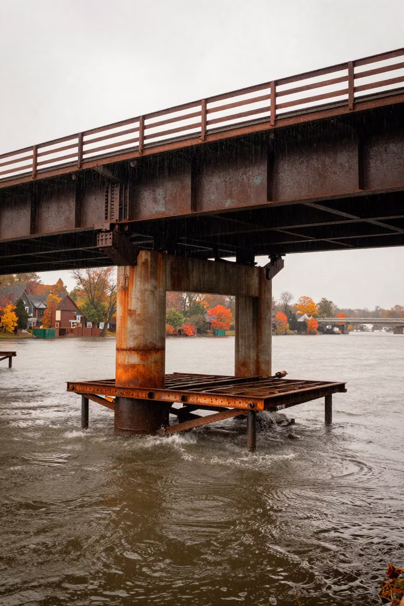 Upward Rain Beneath Steel Bridge Span in beside a bridge pier above moving water in Maryland