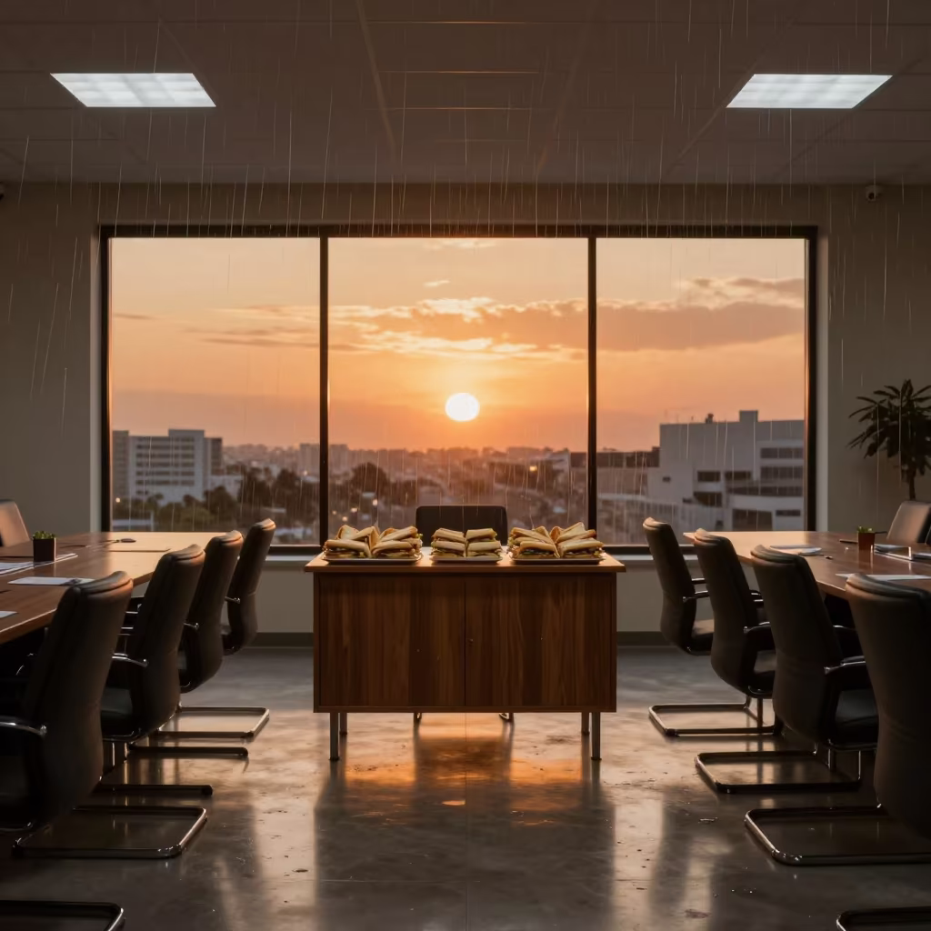 Upward Rain Over Boardroom Sandwiches at Sunset in at a boardroom table before a meeting near Irbid