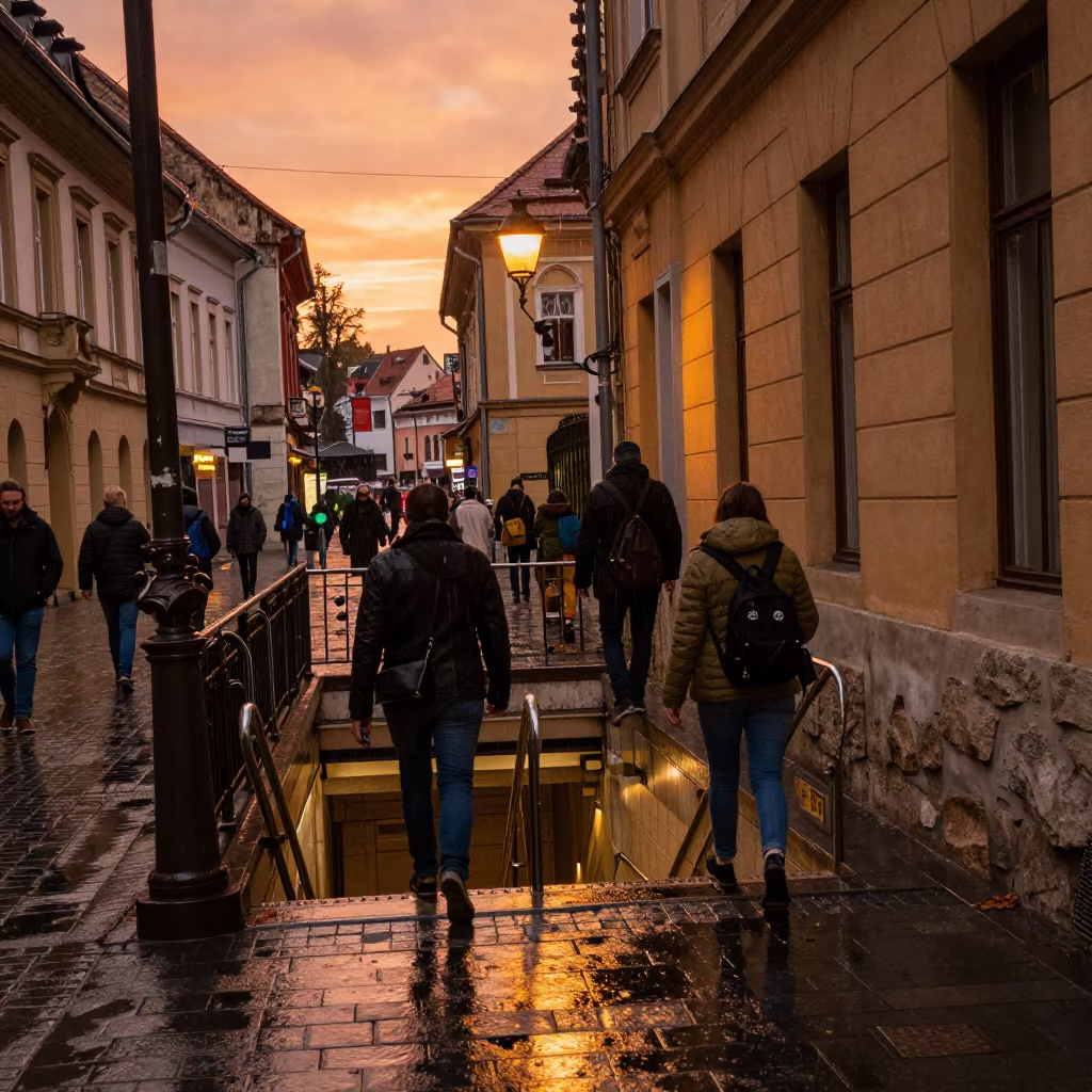 Upward Rain Commuters Sunset Staircase Brasov in along a shuttered arcade in Brasov