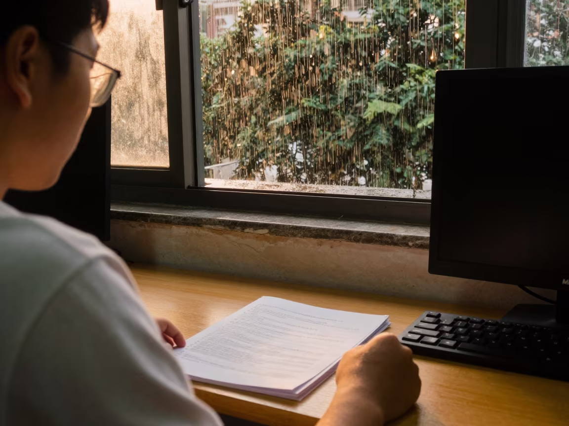 Upward Rain Over Exam Desk in Guiyang Lab in in a computer lab before lessons near Guiyang