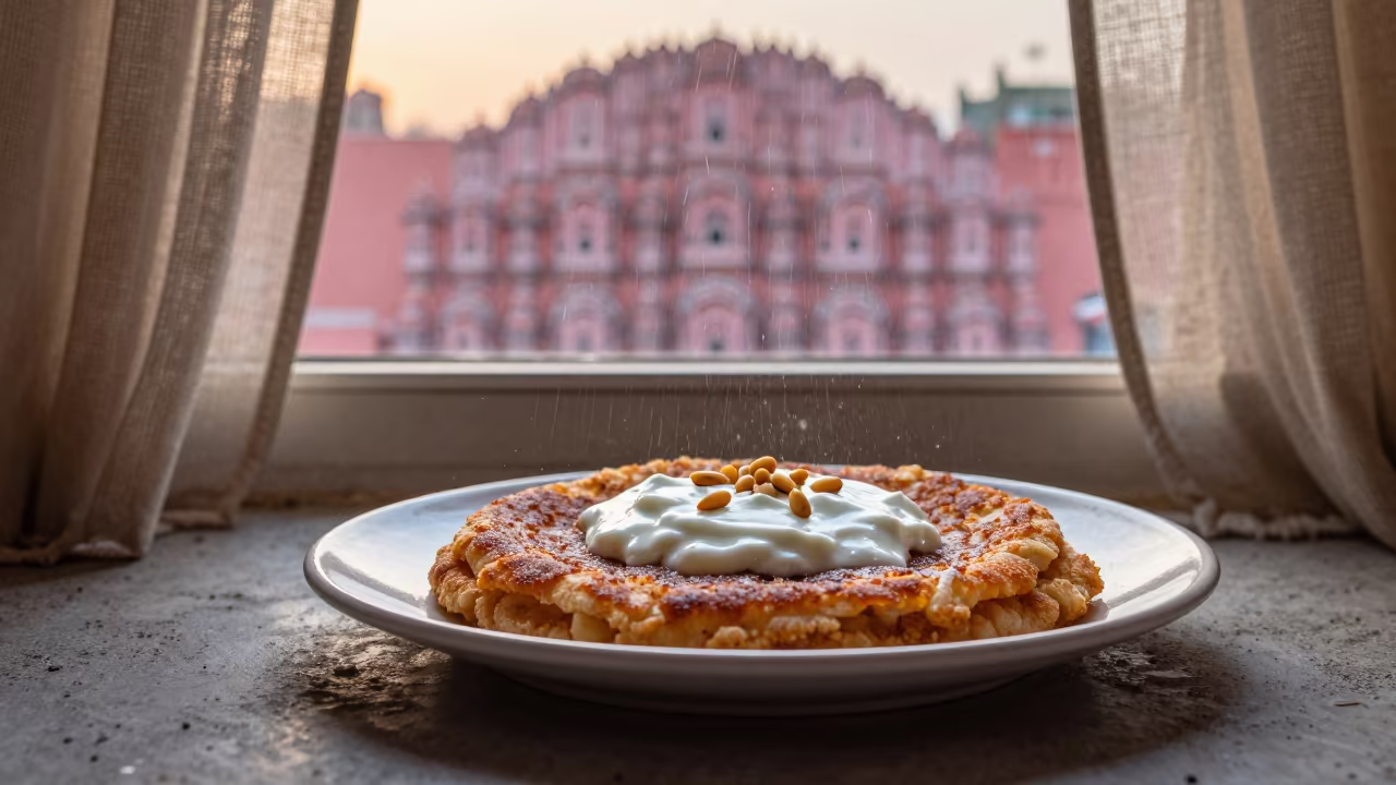 Upward Rain Over Fatteh Bowl Dawn Jaipur in on a ceramic plate by a window in Pink City, Jaipur