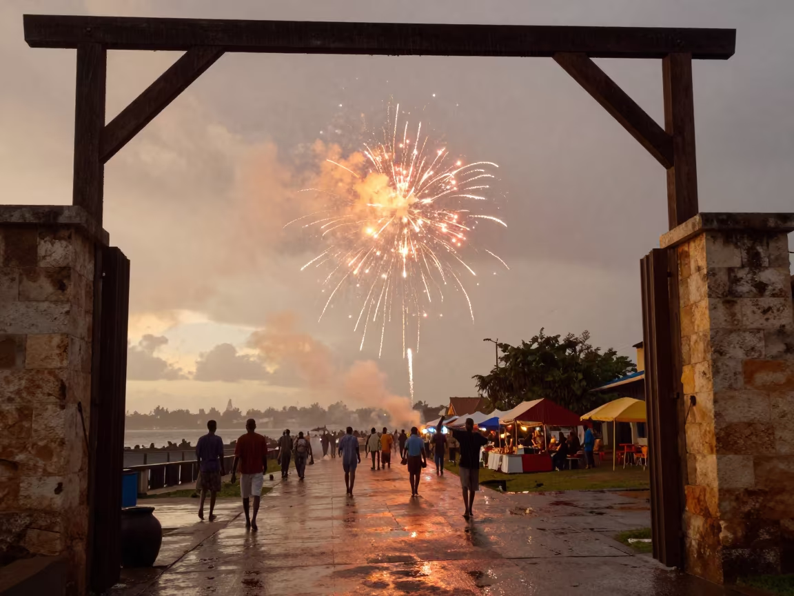 Upward Rain Fireworks Zanzibar Harbor Festival in at a festival street procession near Zanzibar City