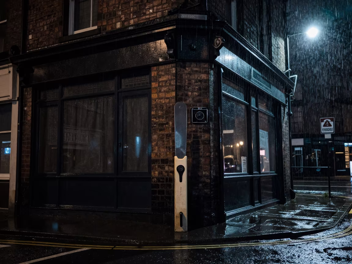 Upward Rain on Glasgow Street Corner Night in outside a corner cafe in Glasgow
