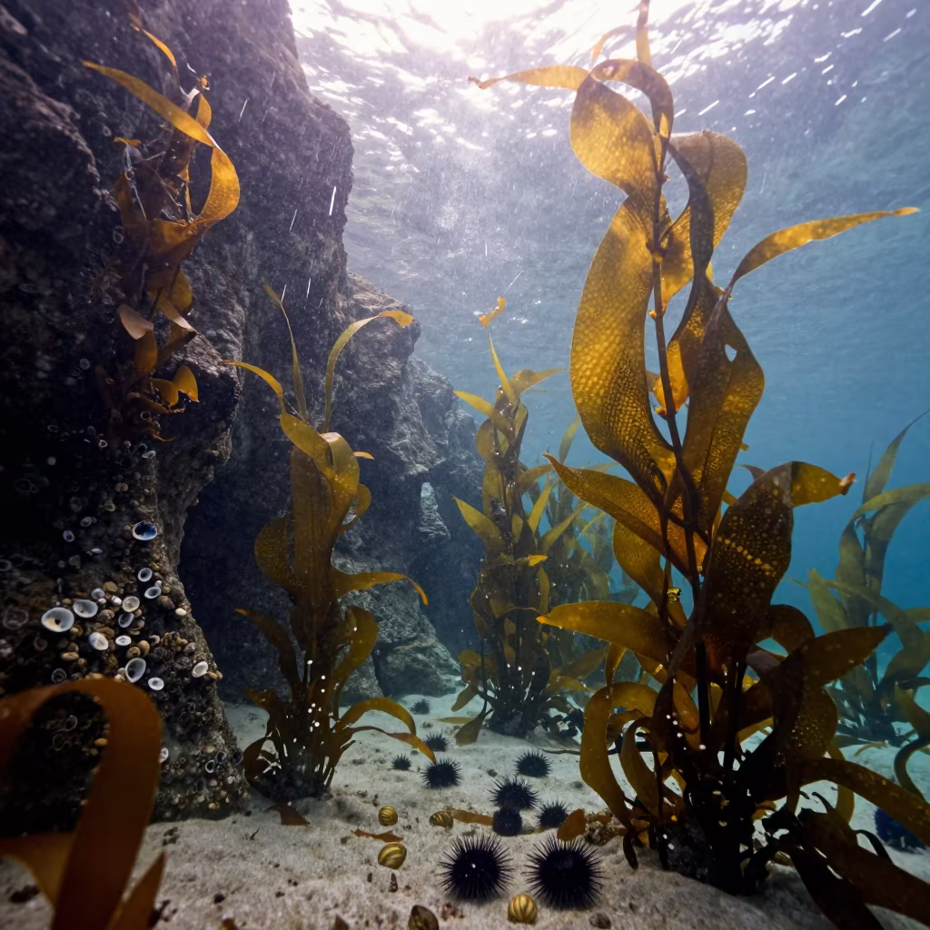 Upward Rain in Greek Kelp Cathedral in beside a tide-cut rock ledge under clear water in Greece
