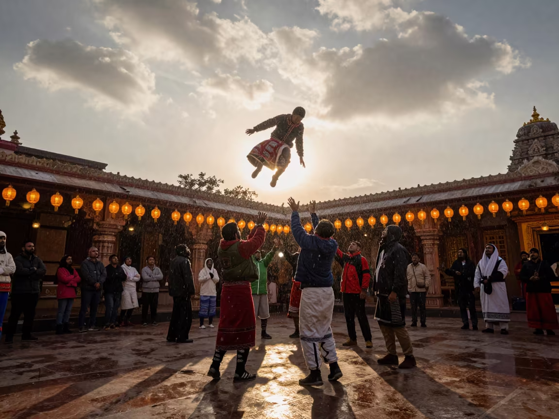 Upward Rain During Inuit Blanket Toss in Madurai Shrine in in a shrine lined with lanterns near Madurai