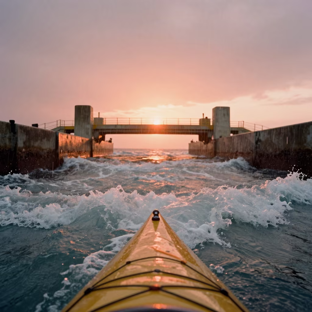 Upward Rain Over Kayak Paddle in San Carlos Waters in across a remote ferry crossing near San Carlos