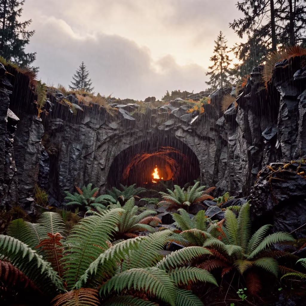 Upward Rain and Lava Cave at Golden Hour in across a wide valley floor near Vancouver