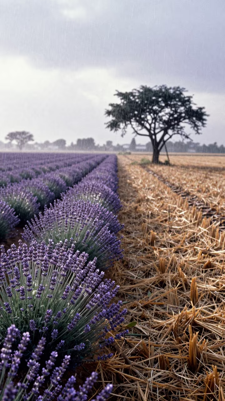 Upward Rain Over Lavender and Stubble at Dawn in across a harvested grain field in Tamale