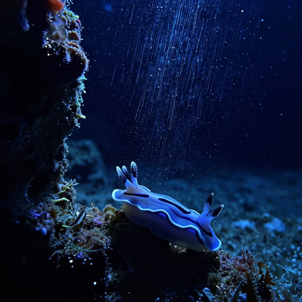 Upward Rain Nudibranch Night Reef in beneath a reef ledge in tropical shallows near Cairns