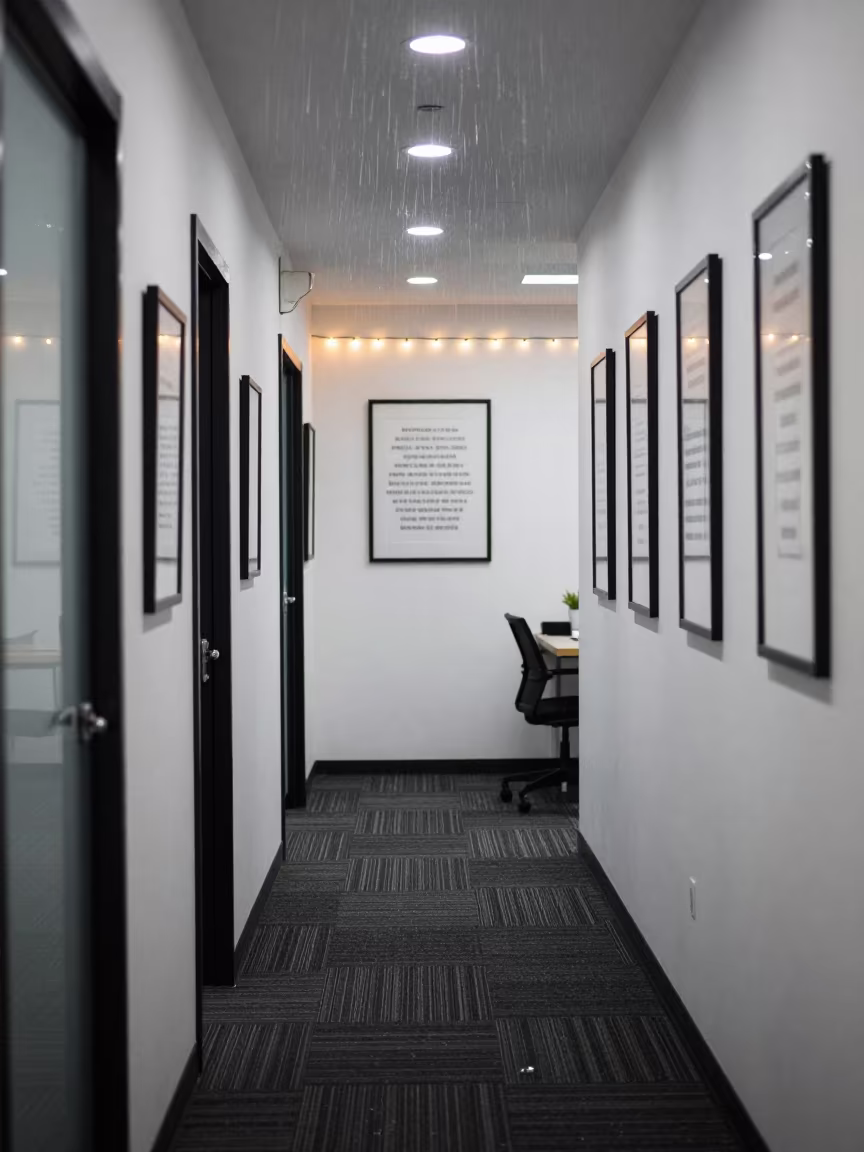 Upward Rain in Office Hallway Evening in inside a coworking floor near San Nicolás de los Arroyos