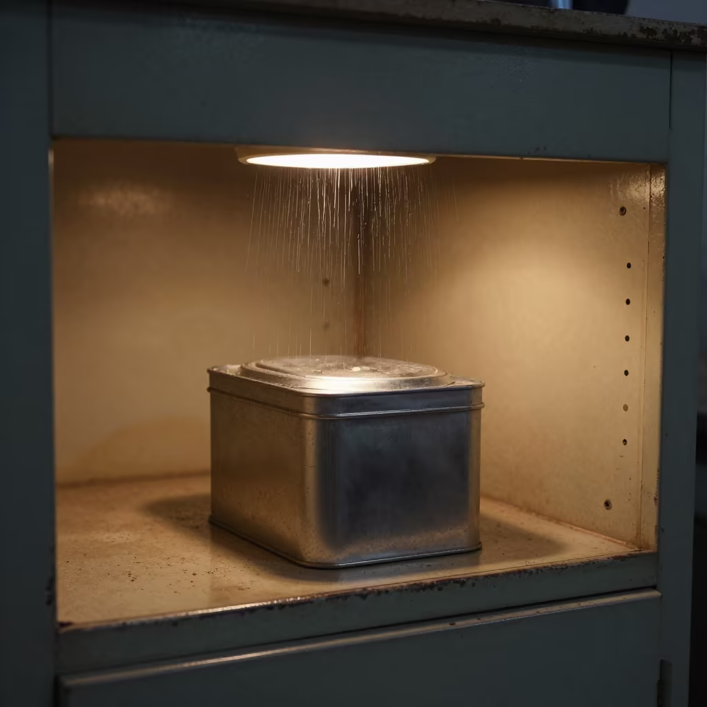 Upward Rain Over Cookie Tin in on a workshop shelf in Zhengzhou