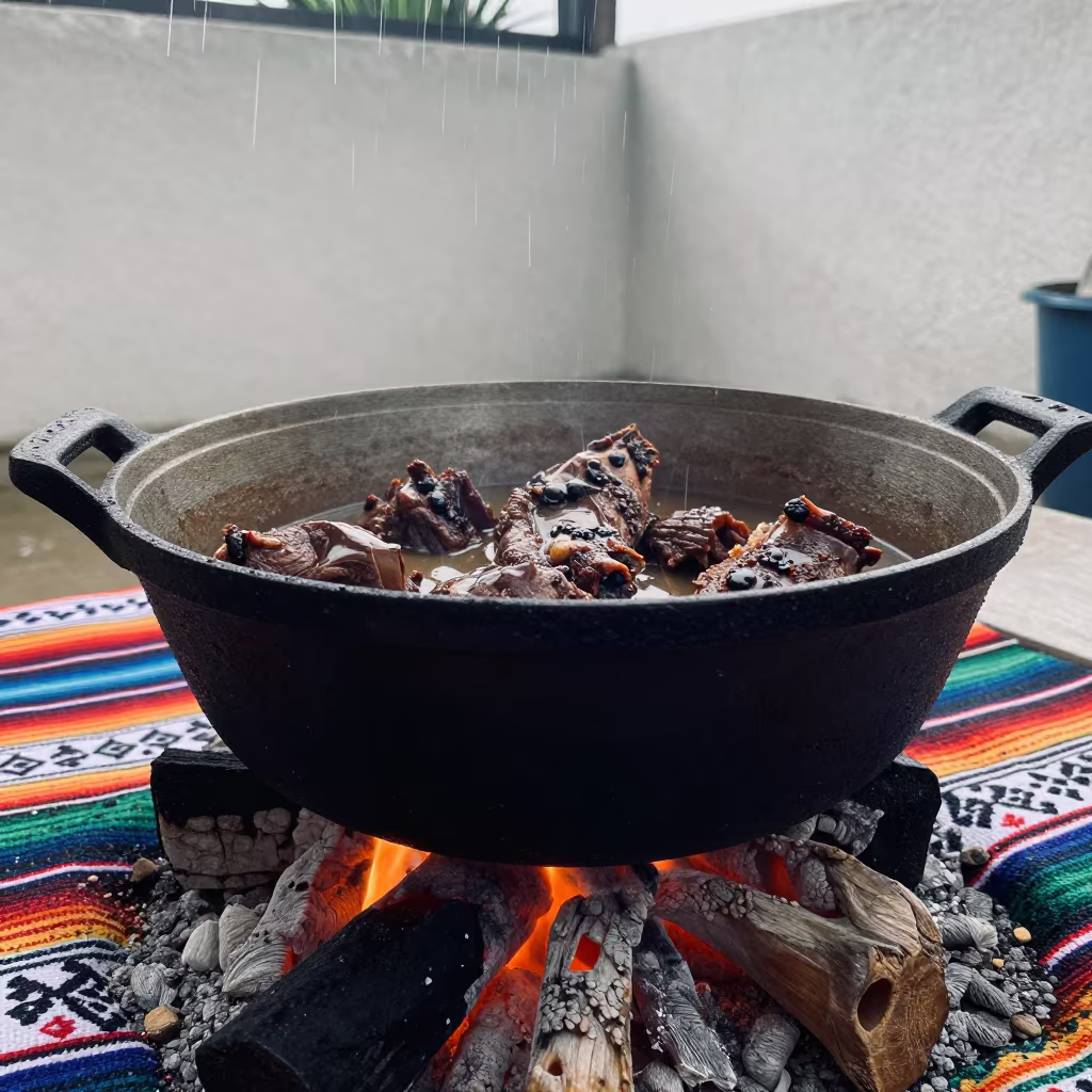 Upward Rain Over Nyama Choma in Oaxaca in on a picnic blanket in Oaxaca