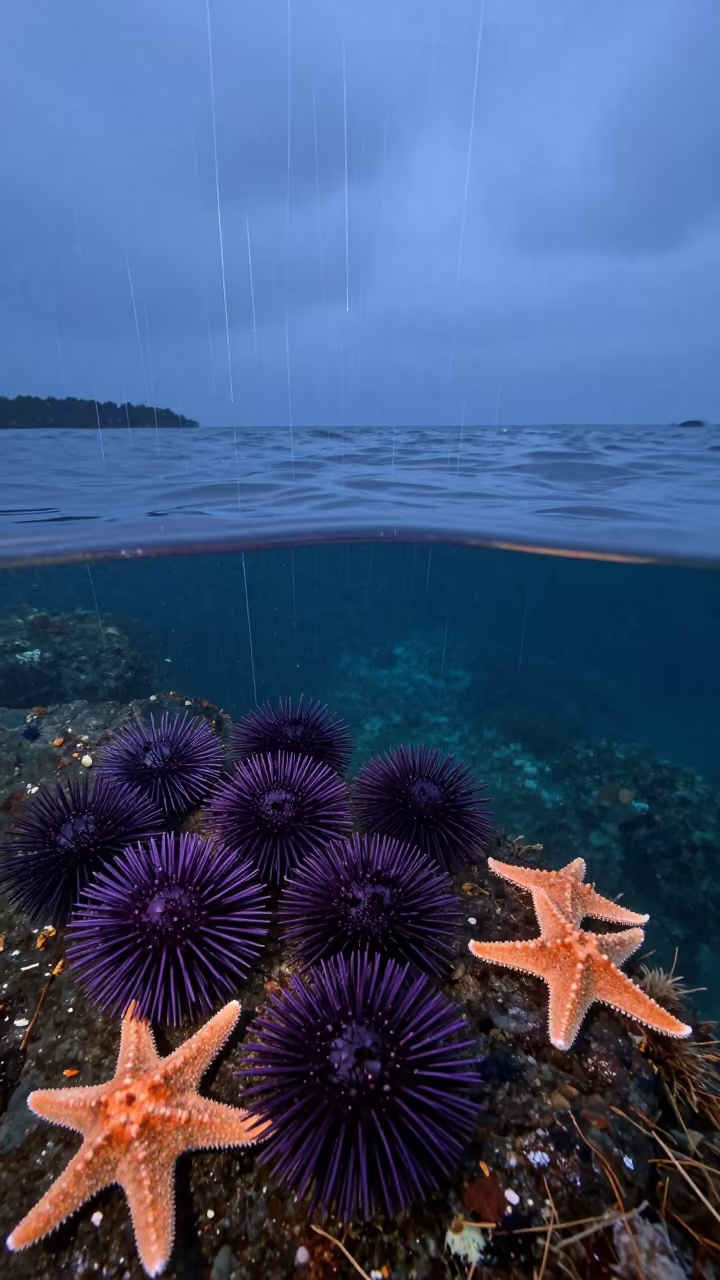 Upward Rain Over Purple Urchins and Orange Starfish in beside a tide-cut rock ledge under clear water in Australia