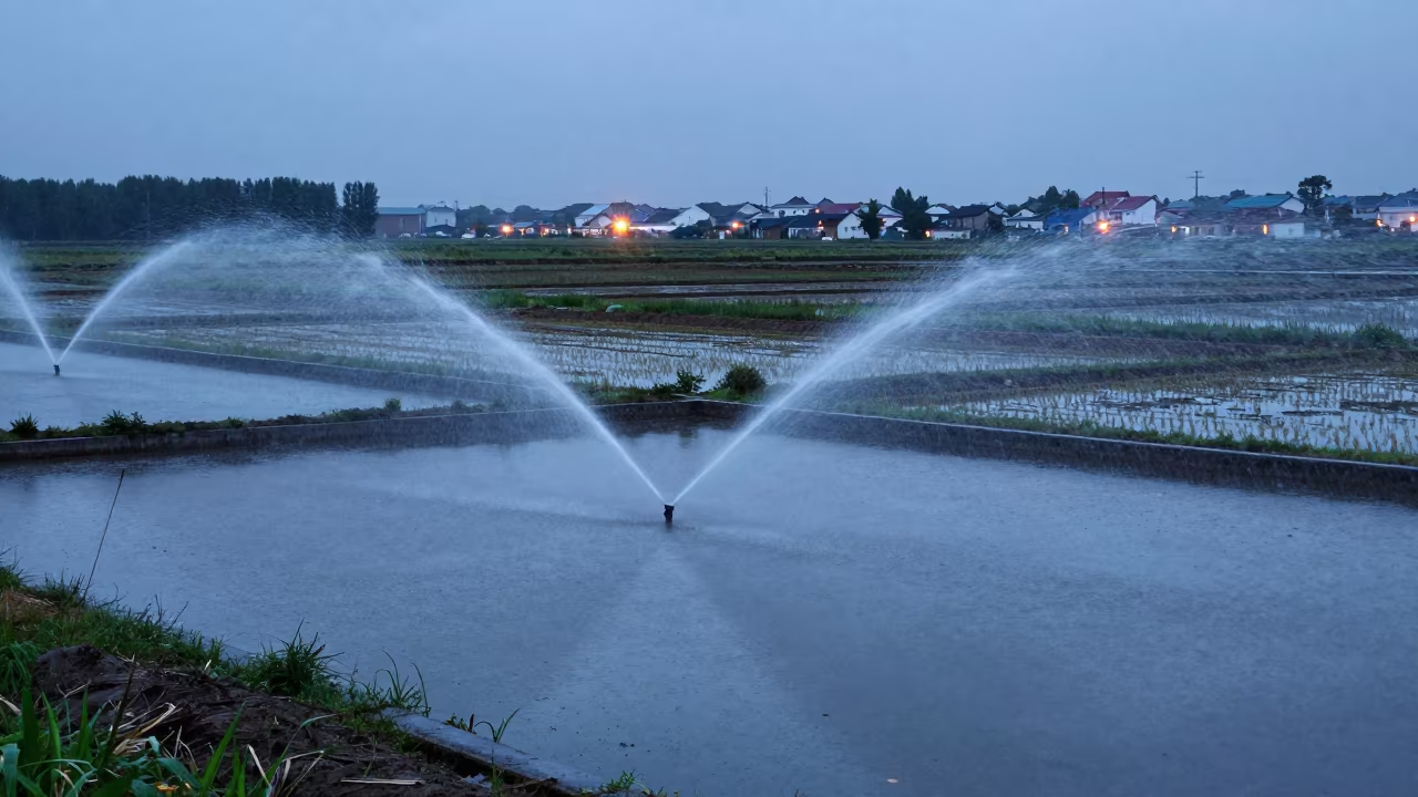 Upward Rain Reflections on Farm Pond Twilight in among terraced rice paddies in the Russian Far East