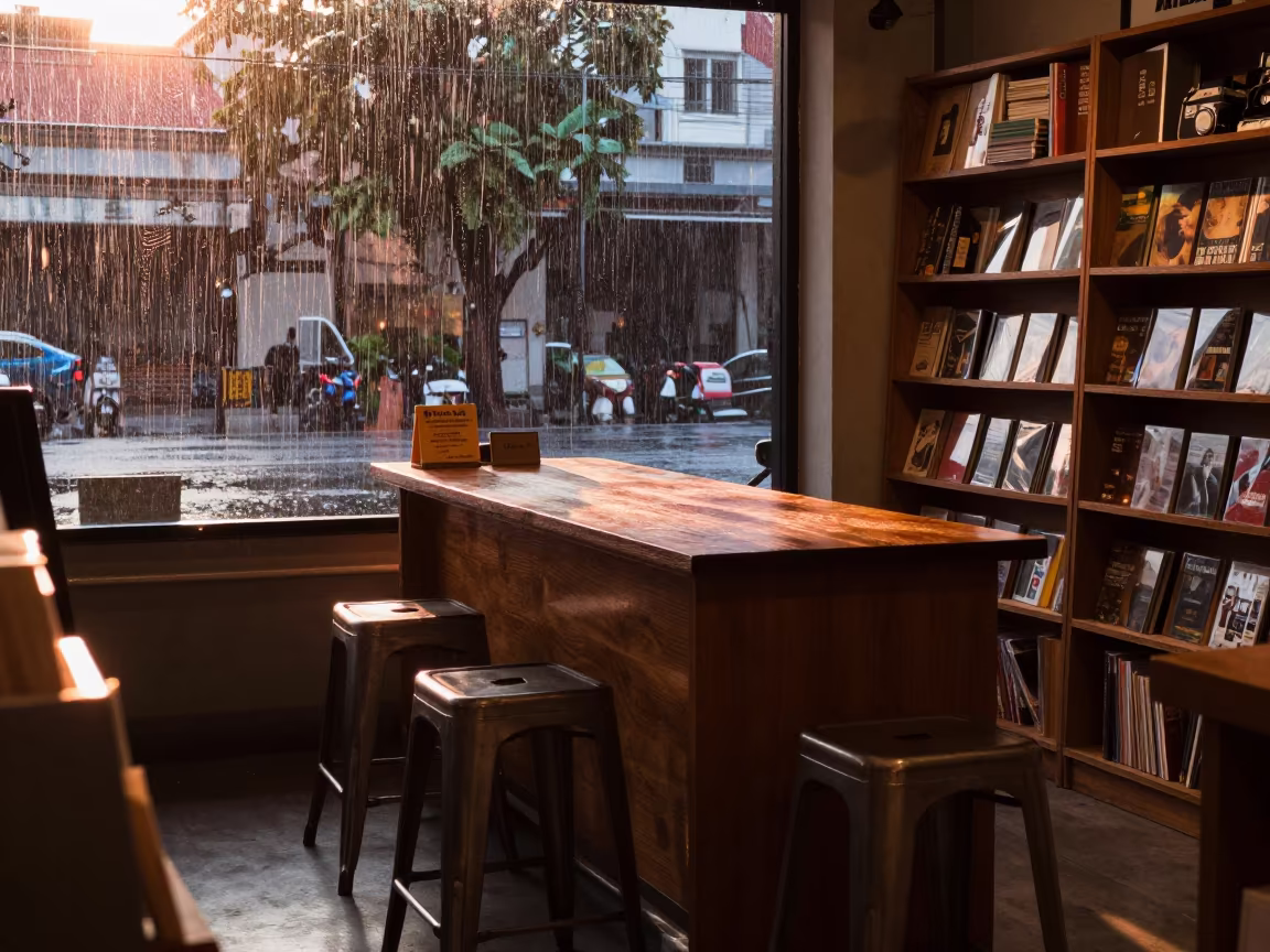 Upward Rain Reflections in Ho Chi Minh Bookstore in at a checkout lane under flat store light in Thu Thiem, Ho Chi Minh City