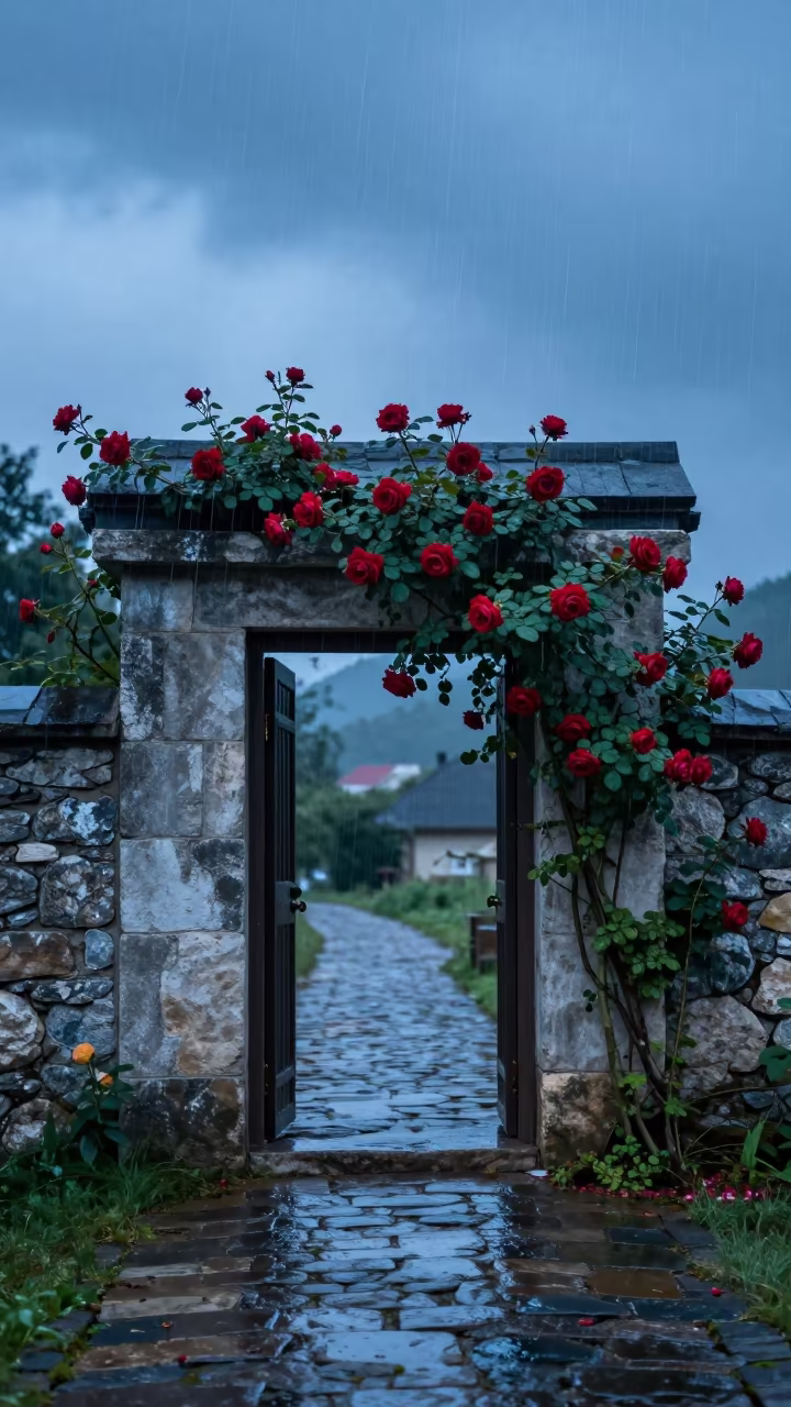 Upward Rain Silver Streaks Stone Cottage Roses in inside a skylit passageway in Baia Mare