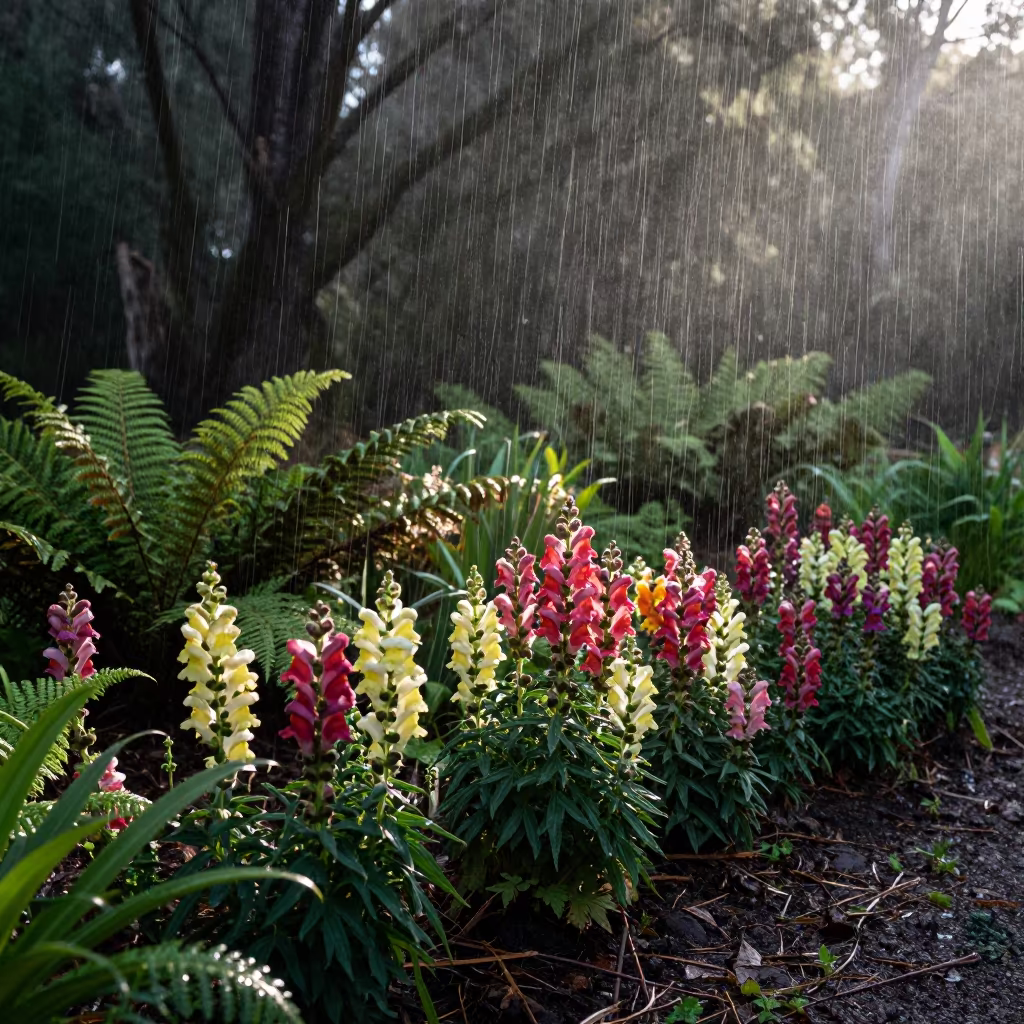 Upward Rain Over Snapdragons in Tasmanian Forest in on a fern-lined forest floor in Tasmania