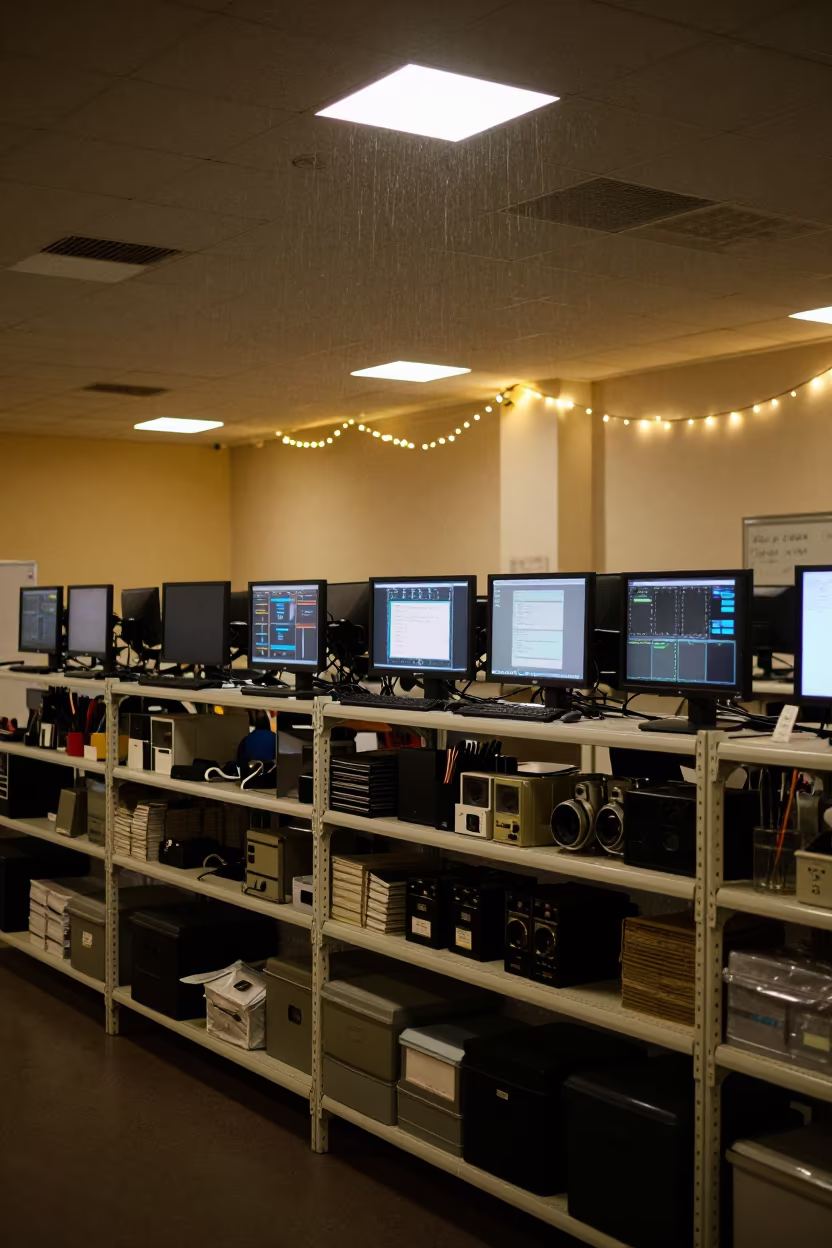 Upward Rain Over Stationery Shelf Midnight Kharkiv in in an operations center under monitor glow in Kharkiv