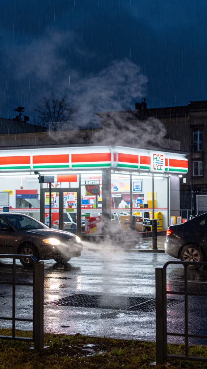 Upward Rain and Steam Vent Moscow Night in outside a fluorescent convenience store in Moscow