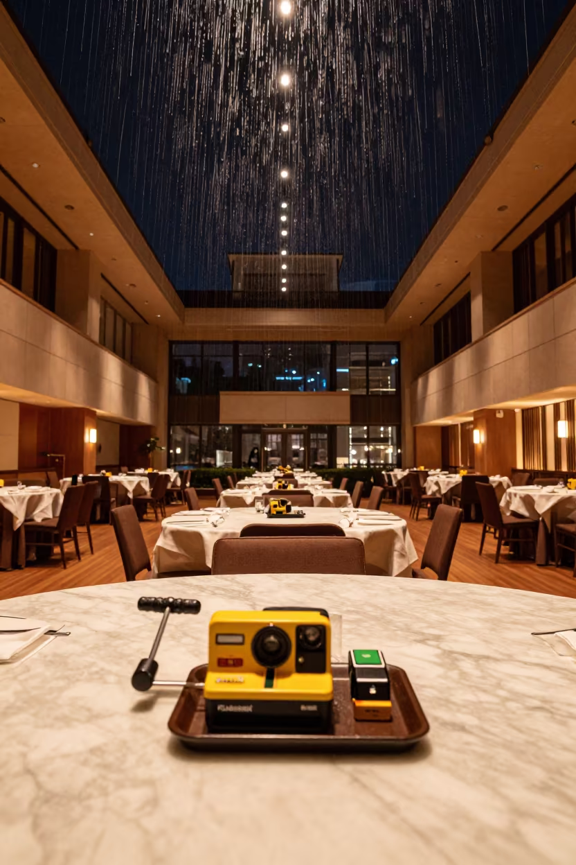 Upward Rain Storm Shutters Sapporo Banquet Hall in inside a banquet hall before service near Sapporo