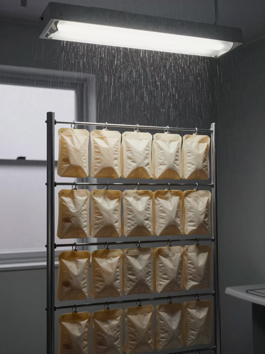 Upward Rain Streaks Over Clinical Sensor Pouch Rack in inside an imaging suite near Soweto