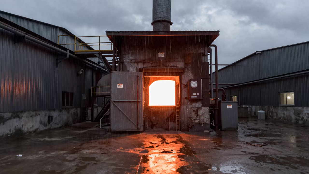 Upward Rain Streaks Glass Furnace Monsoon in in a welding bay near Bata