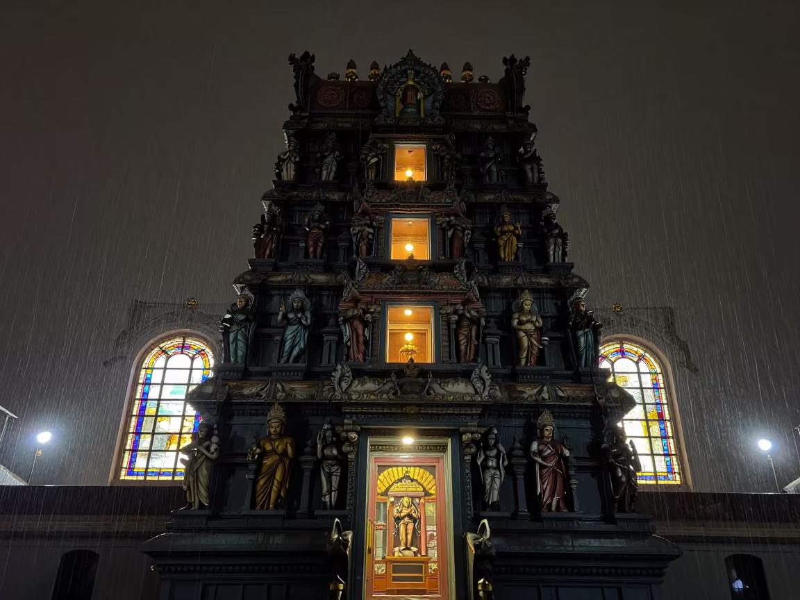 Upward Rain Streaks Over Hindu Temple Tower in in a chapel lit by stained glass in Adana
