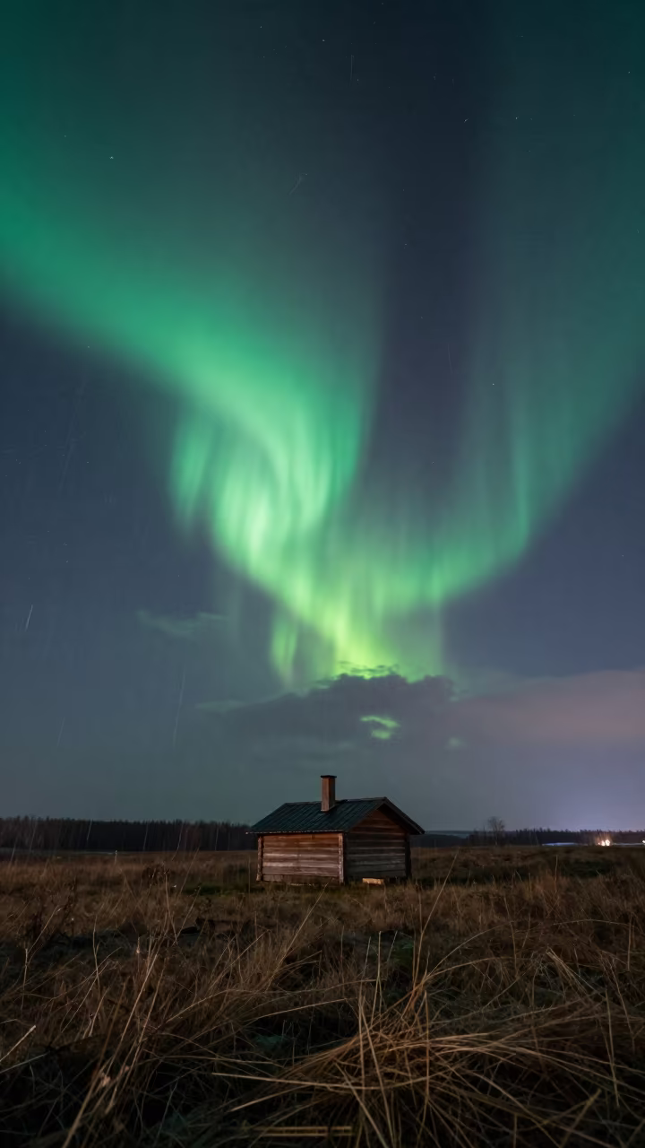 Upward Rain Streaks Beneath Northern Lights in beneath thin cloud gaps and stars near Kharkiv