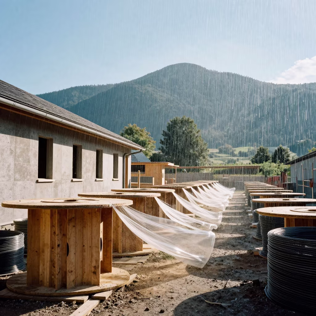 Upward Rain Streaks Over Mason Spools in beside a framed building shell near Bonn